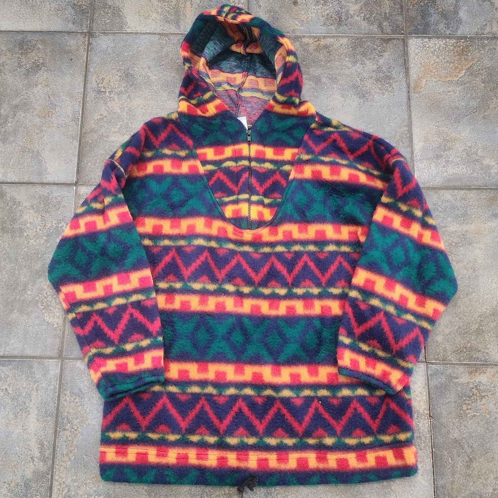 Vintage 90s Jeans Wear Men's Medium Aztec Soft Fleece 1/4 Quarter Zip Hoodie